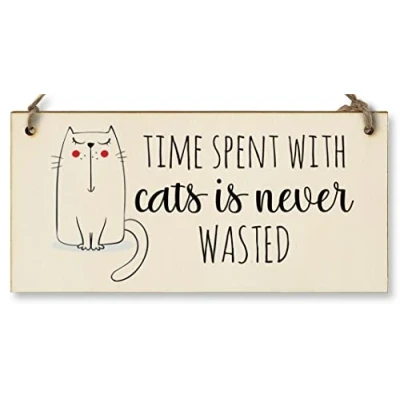 Image of The Plum Penguin Handmade Wooden Hanging Wall Plaque Time With Cats Never Wasted Pet Lover Cat Mum Dad Sign
