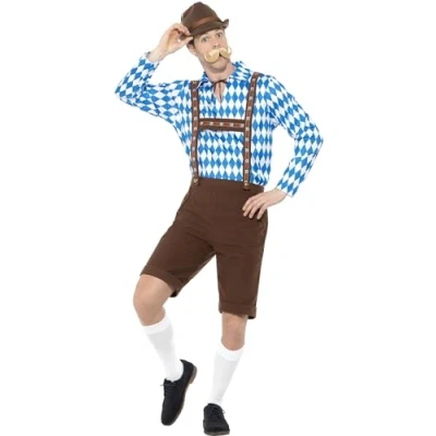 Image of Smiffys Bavarian Beer Man Costume, Blue &amp; Brown with Shirt Lederhosen, Oktoberfest Fancy Dress, Adult Dress Up Costumes