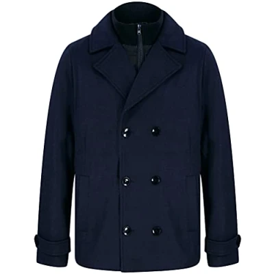 Image of Tokyo Laundry Men&#039;s Uxmal Double Breasted Pea Coat with Funnel Neck Insert Navy XL