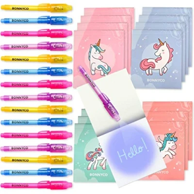 Image of BONNYCO Invisible Ink Pen and Notebook, Pack 16 Unicorns Party Bags Filler &amp; Pinata Toys Unicorn Birthday Decorations Stocking Fillers for Kids School Prizes Gifts Children
