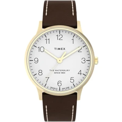 Image of Timex Men&#039;s Waterbury 40 mm Watch Brown Leather Two Piece Quick Release Strap White Dial Gold Tone Case TW2W84400