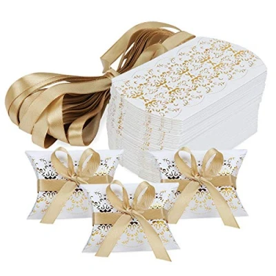 Image of HSEAMALL Pillow Shape Wedding Favour Boxes, Party Gift Box Sweets Candy 50 Pack (Gold Print)