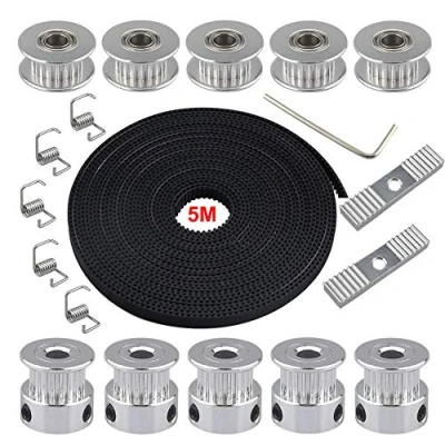 Image of QitinDasen 5m 3D Printer GT2 Timing Belt Kit, 2mm Pitch 6mm Width Rubber Belt, with 5Pcs 5mm 20 Teeth Pulley, Idler, Tensioner Spring Torsion and 2Pcs Gear Clamp Mount Block