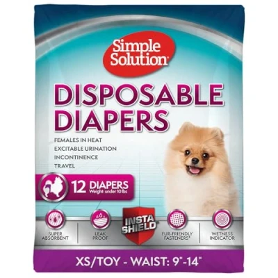 Image of Simple Solution Disposable Dog Diapers For Female Dogs, True Fit, Absorbent, Leak Proof with Wetness Indicator, XS Puppy &amp; Doggie Period Pad and Pee Diaper, Toy Pets, 914 Inch Waist, 12 Count