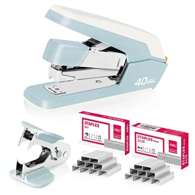 Image of deli Effortless Desktop Stapler, Heavy Duty 40 50 Sheet Capacity, One Finger, No Effort, Includes Staples &amp; Staple Remover, Blue