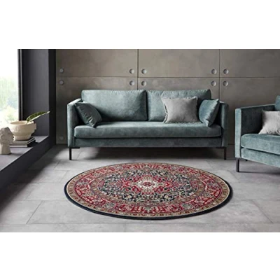 Image of Nouristan Mirkan Oriental Round Rug Living Room Short Pile Vintage for Dining Room, Bedroom Navy, 160 cm