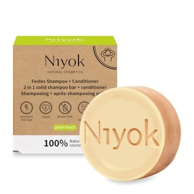 Image of Niyok® 2 in 1 Firm Shampoo and Conditioner Skin Neutral Vegan Plastic Free Normal to Fine Hair Better Combing Green Touch 80g