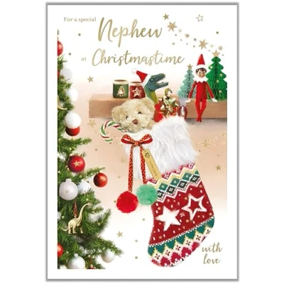 Image of Nephew Christmas Card Special Finishes Teddy Bear and Stocking Artistic Festive Design Illustrated Insert Leaf Made in the UK Eco Friendly