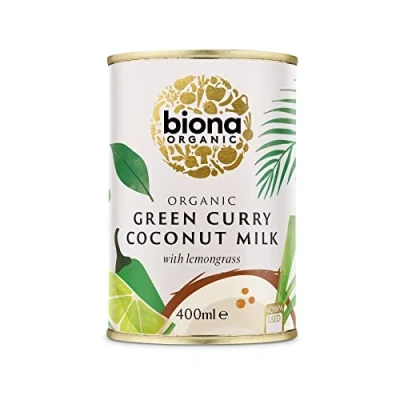 Image of Biona Organic Green Curry Coconut Milk 400ml, Pack of 6 Dairy Free, Naturally Vegan Blended with Chilli and Lemongrass Pressed from Kernels BPA free can