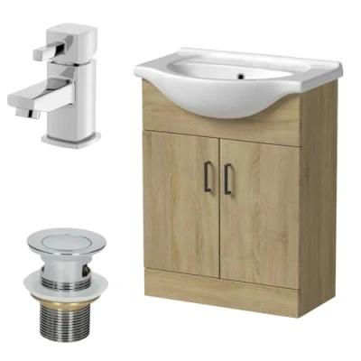 Image of Affine® 650mm Bathroom Vanity Unit Ceramic Sink Floorstanding Storage Cabinet Cupboard &amp; Misa Basin Tap Waste Set, Oak Effect