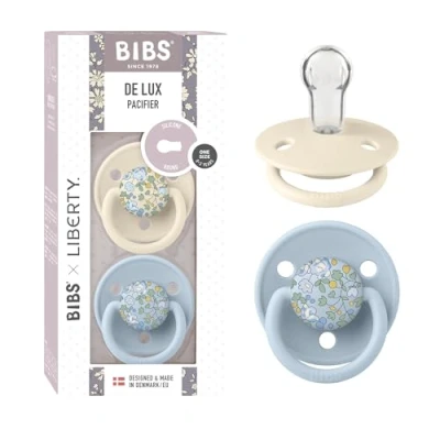 Image of BIBS De Lux 2 Pack BPA Free Cherry Shape Nipple Silicone Pacifier Made in Denmark One Size (0 36 Months), Eloise Baby Blue
