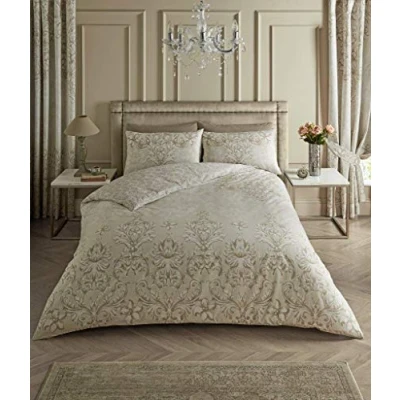 Image of Polycotton Damask Duvet Cover Super King Size, Luxury Reversible Bedding Sets, Flowers Quilt Covers, Natural