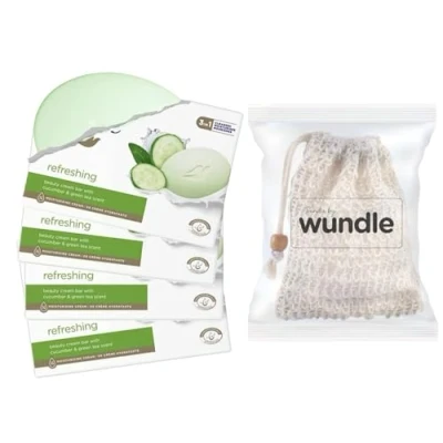Image of Wundle Bundle Soap Saver Exfoliating Pouch with 4 x Dove Refreshing Moisturising Bars (Cucumber &amp; Green Tea)