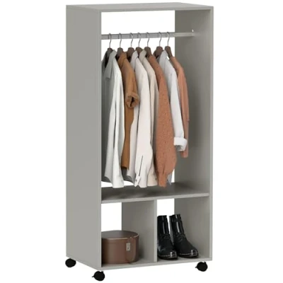 Image of HOMCOM Open Wardrobe for Bedroom, Small on Wheels with Clothes Rail, Storage Shelves, Mobile Garment Rack Storage, Cloakroom, Hallway, Grey