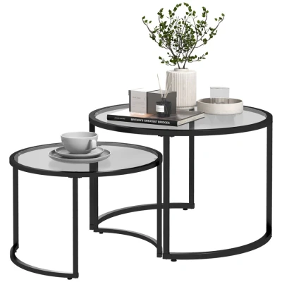Image of HOMCOM Glass Coffee Table Set of 2, Round Nest Tables with Tempered Tabletop and Steel Frame, Modern Side for Living Room, Black