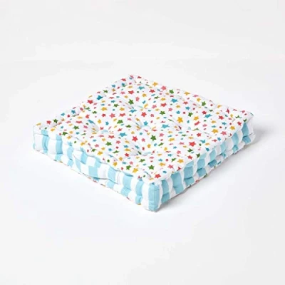 Image of HOMESCAPES Star Multi 100% Cotton Large Floor Cushion Blue Orange White 50 x 10 cm Square Indoor Garden Dining Chair Booster Seat Pad Cushion.