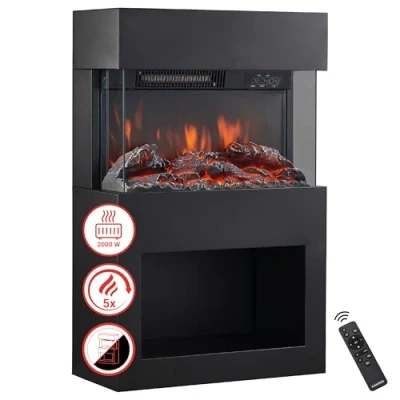Image of KAMINIO Electric Fireplace Henri Stove with Heater, 3D Flame Effect, Wood Storage Compartment, Remote Control (Black)
