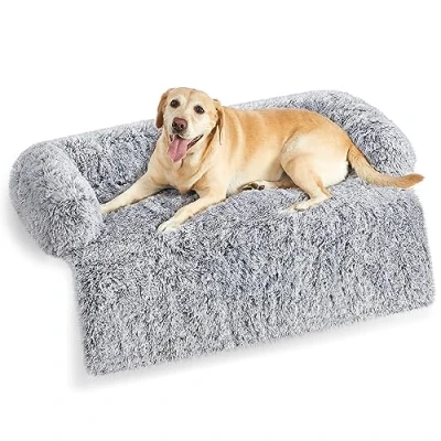 Image of Feandrea FluffyHug Dog Sofa Bed, Cover, Calming XXL, for Large Dogs, 122 x 95 18 cm, Grey Ombré PGW224G01