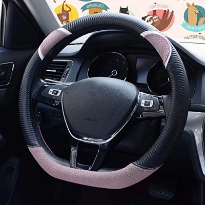 Image of HONCENMAX D Type Steering Wheel Cover Flat Bottom Car Protector Cut Shaped Diameter 38cm(15&quot;) Light Pink
