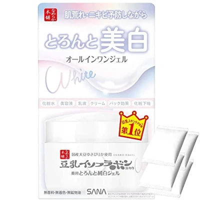 Image of Sana Nameraka Honpo Soy Milk Isoflavone Pure White Whitening All In One Gel N 100g Includes Cotton Pads 4pcs