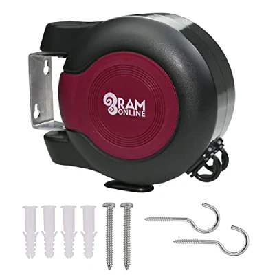 Image of Ram® 30 metre Retractable Reel Clothes Lines Washing Line with Twin Cable Wall Mounted Heavy Duty Dryer 2 x 15m of Drying Space, Burgundy
