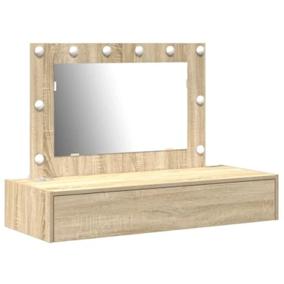 Image of vidaXL Sonoma Oak Dressing Table LED Vanity Mirror 100x40x70 cm Bedroom/Indoor Furniture with Storage Drawer Beige Engineered Wood