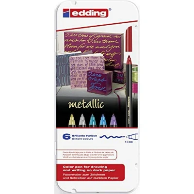 Image of edding 1200 metallic colour pen multi coloured 6 pens round nib 1 3 mm gift tin of colours