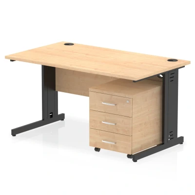 Image of Impulse 1400x800 Desk Maple/Black Cable Managed 3 Drawer Mobile Ped