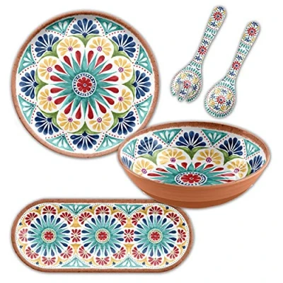 Image of Auntie Morags Purely Home Rio Medallion 4 Piece Outdoor/Garden/Picnic/BBQ Plastic/Melamine Entertaining/Dining Serving Set