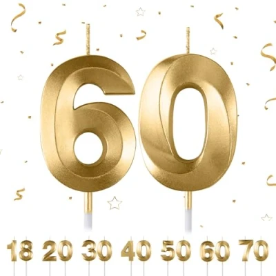 Image of 60th Birthday Candles Numbers 60 Gold for Cake, 3D Diamond Shape Cake Decorations Party Wedding Anniversary Celebration Supplies