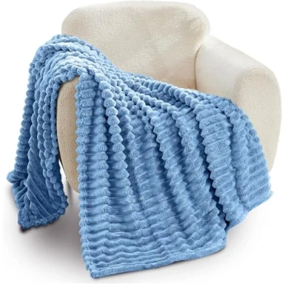 Image of GC GAVNO CAVAILIA Ribbed Blanket Throw Fluffy Fleece Throws For Sofas, Bed, Settee, Couch Comfortable Extra Large Blankets &amp; King Size 200x240 Cm Denim Blue