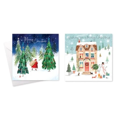 Image of Tallon Pack of 10 Assorted Christmas Cards Santa and House Theme, 2 Designs, Silver Foil Finish, Eco Friendly Packaging 100% Recyclable, 14cm x