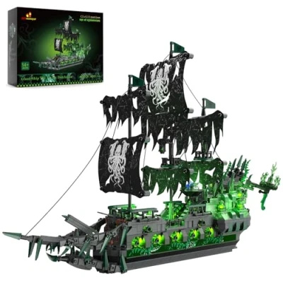 Image of JMBricklayer 40001 Pirate Ship Building Toys with Lights, Ghost Flying Dutchman Model Boat, Construction Toy Set for Adults, Collection Decoration Birthday Gifts Boys Girls 8+