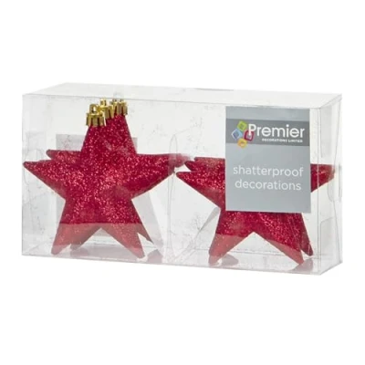 Image of Shatterproof Christmas Stars 6 Pack 100mm Premier Tree Decoration, glitter Star Baubles (Red 6082)