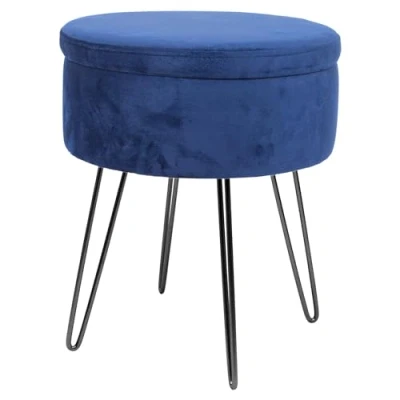 Image of Black Legs Blue Round Velvet Storage Footstool By Harbour Housewares