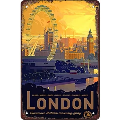 Image of AZOLID Funny Metal Tin Signs London City Vintage Bar Club Cave Home Kitchen Rustic Travel Wall Art Decor 30x20CM