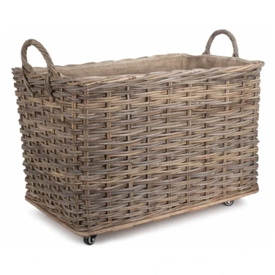 Image of Red Hamper Large Wheeled Rattan Hessian Lined Log Basket