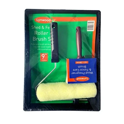 Image of Lynwood 3 Piece Shed Fence Wood Paint Roller Set with Tray &amp; Brush for Preservatives Treatments 9&quot;,Black