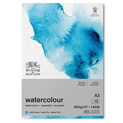 Image of Winsor and Newton Watercolour Paper Pad, A3, 12 Sheets, 300 g/m�, Glue Bound, Cold Pressed, Acid , Mixture of 25 Percent Cotton Cellulose Fibres, Natural White