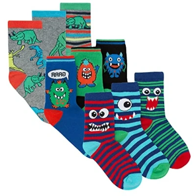 Image of Metzuyan Boys Novelty Cotton Rich Socks 9 Pairs Funky Characters Monster Faces Dino Stripe 6 8.5