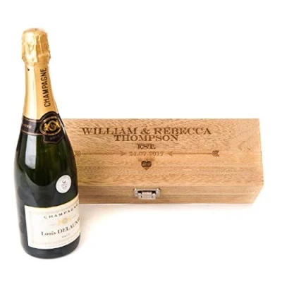 Image of Personalised Engraved Oak Style Wooden Wine Gift Box Wedding Valentines Lined Engagement Anniversary Day Champagn