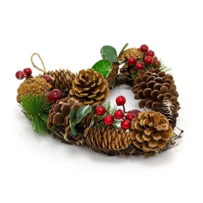 Image of 24cm Pinecone &amp; Eucalyptus Heart Christmas Door Wreath Red Berry Shaped Decoration Xmas Artificial