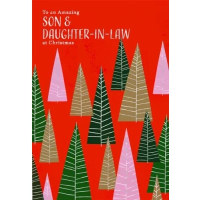 Image of Cards Christmas for Son and Daughter in Law, Red Background with Festive Trees