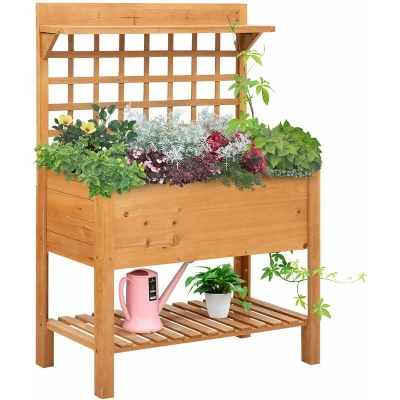 Image of Outsunny Wooden Planter Boxes, Raised Garden Bed Elevated with 2 Shelves for Flower Herb Vegetable Outdoor/Indoor, 105x40x135cm