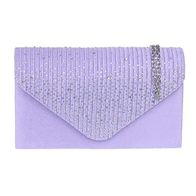Image of Girly Handbags Womens Pleated Satin Clutch Bag Diamante Shoulder Chain Elegant Prom Wedding Evening (Lilac)