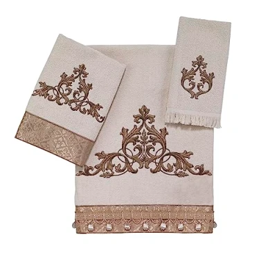 Image of Avanti Linens 3pc Towel Set, Soft &amp; Absorbent Cotton Towel, Embroidered Bathroom Accessories (Monaco Collection, Ivory)