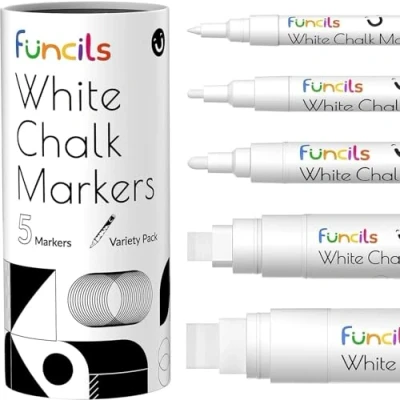 Image of Funcils 5 White Chalkboard Chalk Markers Dry Erase Marker for Blackboard, Signs, Windows, Glass Variety pack Fine &amp; Jumbo Size Ink Pens (1mm, 3mm, 6mm, 10mm, 15mm)