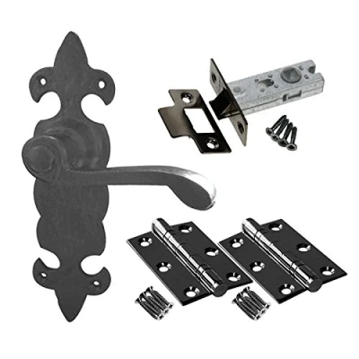 Image of Fleur De LYS Door Handle Set Latch Pack Black Antique