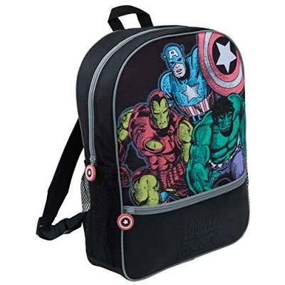 Image of Marvel Comics Avengers Kids Backpack Large Back To School Bag Travel Rucksack Black For Boys Girls Adults Pack with Drinks Holder