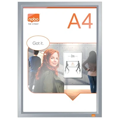 Image of Nobo A4 Poster Frame With Anodised Clip Frame, Wall Mountable Sign Holder, Through Corner Fixing, Mitred Corners, Impression Pro, Anodised, 1915578